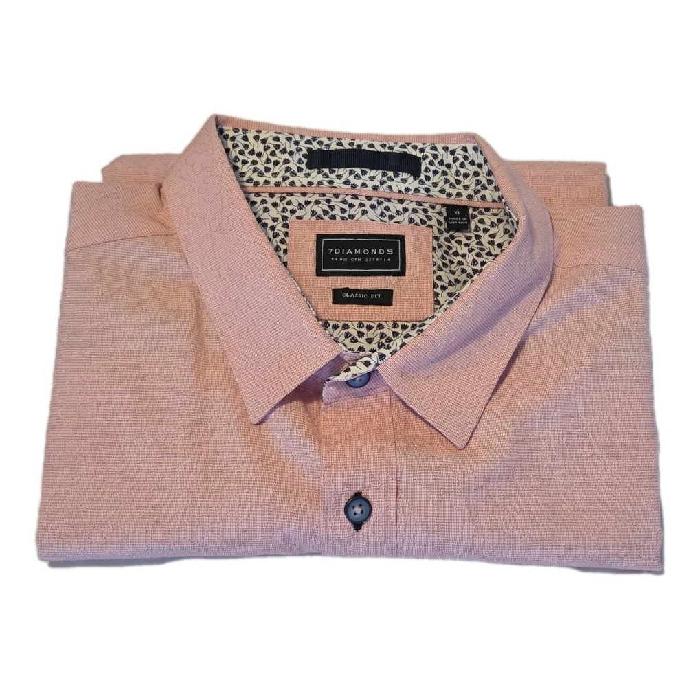 Men's XL Shirt 7 Diamonds Short Sleeve Button Down Buckle Exclusive Pink Office